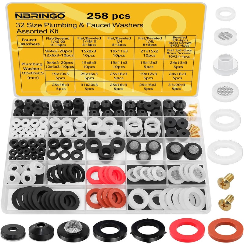 NBRINGO 258 PCS Faucet Washers Assorted Kit - 32 Sizes Plumbing Hose Bib Washer Repair Kit for Spigot Repair, Sink, Valve Stem, Hose Nozzle, Outdoor Faucet - Leak Repair - Image 1